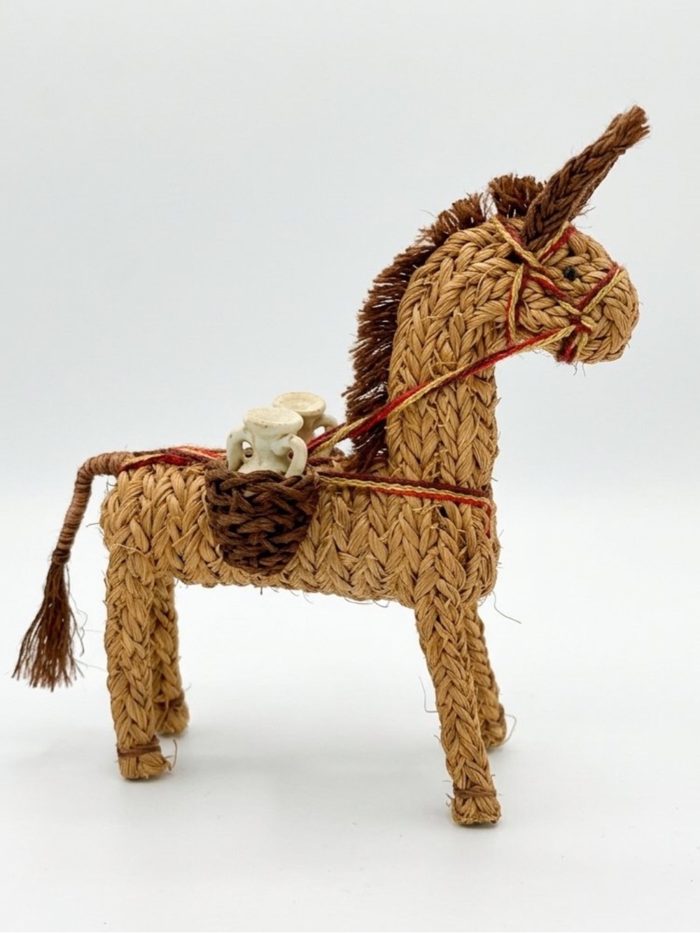 Vintage Mid Century Woven Straw Burro Donkey Figurine with Clay Amphora Pots